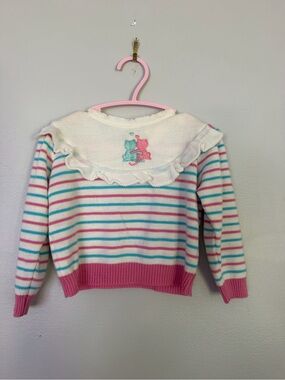 Vintage Striped Pink & Teal Girls Sweater with Ruffle Collar